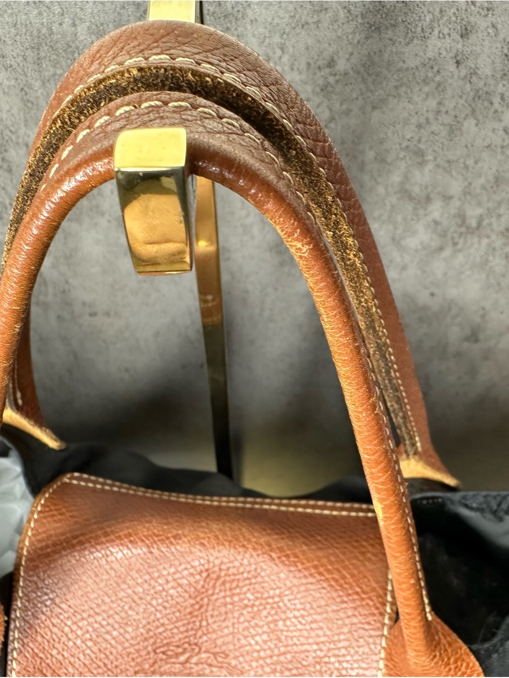Longchamp Le Pliage Cabas Large Tote Bag Black Nylon Brown Leather France - Picture 4 of 7